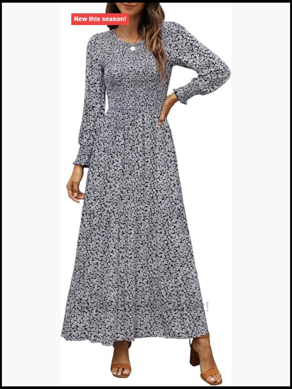 Long Sleeve Smocked Floral Maxi Dress A-Line Modest Wedding Guest